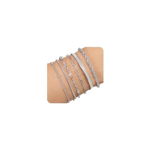 Image of AFSTALR 6PCS Silver Bracelet for Women Layered Link Chain Bangles Stack Stainless Steel Bracelets Set Adjustable Jewellery Gifts Set2 for Ladies