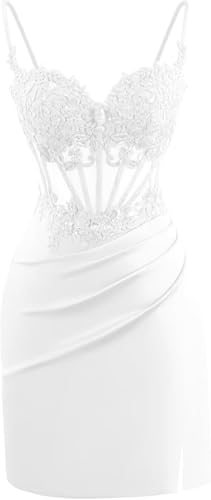 Lace Appliques Satin Homecoming Dresses Tight Beads Spaghetti Straps Bodycon Short Porm Dress