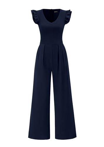 PRETTYGARDEN One Piece Jumpsuits For Women Dressy Ruffle Cap Sleeve V Neck Ribbed Knit Wide Leg Romper Casual Spring Outfits (Navy,Medium)