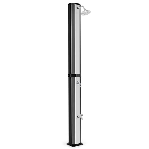 GOPLUS 60 L Solardusche, 227 cm freistehende Gartendusche mit 360° schwenkbarem Duschkopf, Fußdusche, Schutzabdeckung für Gartenpool, Strandpool, Max. Wassertemperatur 60°C (Schwarz + Silber)