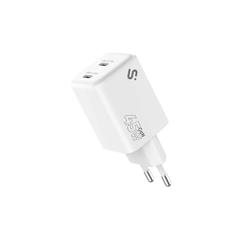 Cargador GAN 45 W SUBBLIM 2×USB C, PD 3.0 & PPS Super Fast 2.0, 25 W + 20 W simultáneos para MacBook Air, iPad Pro/Air, Galaxy Tab S9, Steam Deck, Galaxy S25/S24, iPhone 16, 15, Compacto EU