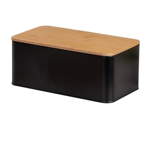 FACAIIO Panera con tapa de aspecto de madera para encimera de cocina, recipiente de almacenamiento de pan de metal con agujeros de ventilación, 13 x 7.3 x 5.4 pulgadas, tapa que se dobla como tabla de