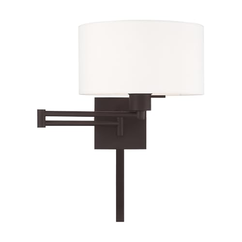 Image of Livex Lighting 40036-07 1-Light Swing Arm Wall Light, Bronze | Off-White Fabric Shade