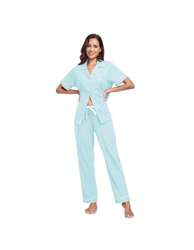 Image of CF Womens 100% Cotton Pajamas Set Button Down Pjs Sets Short Sleeve Top & Long Pants Sleepwear Comfy Loungewear with Pockets