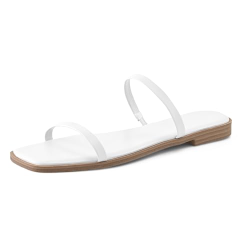 Shoe'N Tale Strappy Flat Sandals for Women Slip On Square Open Toe Slides Sandals(7.White)