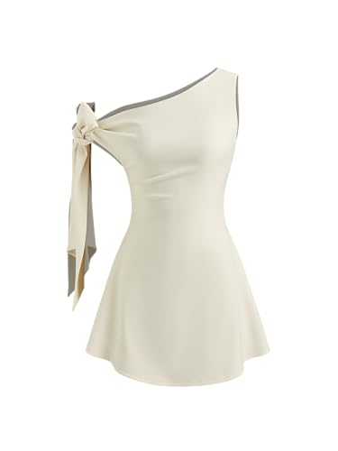 CIDER Women Mini Asymmetrical Neck Sleeveless Knotted Party Short A Line Dresses Ivory at Amazon Women's Clothing store