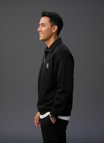 Image of SMOWKLY Men's Half Zip Sweatshirt | Oversized Winter Wear for Men | Mock Neck Quarter Zip Pullover | Full Sleeve Fleece Sweatshirt | Casual Streetwear | Warm Cotton Blend Upperwear for Men