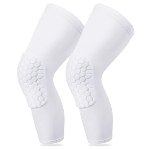 Knee Compression Pads,Compression Knee Sleeve for Knee Pain,Knee Pads Wrestling Knee Brace Leg Sleeves Honeycomb Pad for Volleyball Basketball,Hex Knee Pads Sleeve for Youth and Adult L(White 2 Pcs)