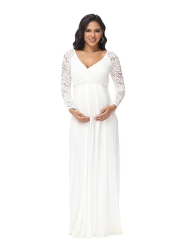 AHUFGN Maternity Dress Maternity Dress Photoshoot Outfit Women Long Sleeve Lace V-Neck Maxi Gown For Pregnant Body Photography Baby Shower(White,L)