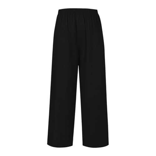 Women's Summer Elastic Waist Wide Leg Pants 2025 Solid Color Cotton Linen Lounge Flowy Long Trousers3
