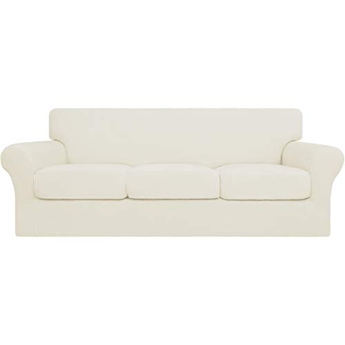 Image of Easy-Going 4 Pieces Stretch Sofa Cover for 3 Cushion Couch Washable | Sofa Slipcover for Stretch 3 Separate Sectional Cushion Couch - Furniture Protector for Pets, Kids Beige