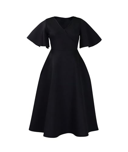 Image of SOMTHRON Women's Wrap V-Neck Ruffle Short Sleeve Midi Dress Elegant A Line Flowy Flared Cocktail Church Dress