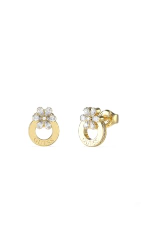 Guess Pendientes Lily Dorados – Argollas de Acero con Flor de Lirio en Cristales Blancos