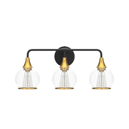 Image of Black and Gold Bathroom Vanity Light 3-Lights Bathroom Light Fixtures Over Mirror with Clear Glass Shade 22.4 inch Wall Sconce Lighting Bath(Exclude E26 Bulb)