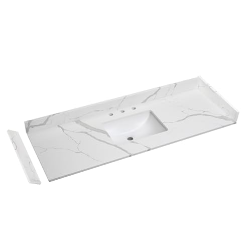 EQLOO 60 in.W x 22 in.D Quartz Calacatta River Vanity Top,with Undermount Middle Sink Vanity...