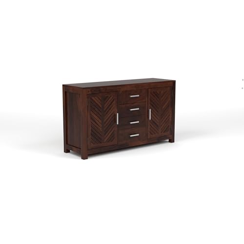 Image of Solid Sheesham Wood Sideboard Cabinet with 4 Drawers & 2 Doors | Rosewood Storage Cabinet for Living Room, Dining Room & Office (Walnut Finish)