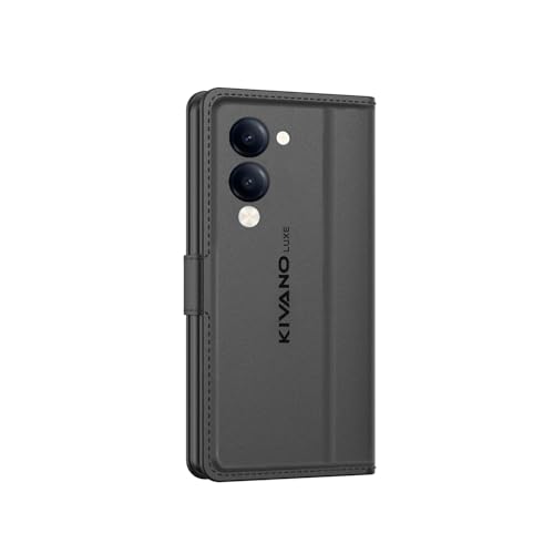 Image of KIVANO LUXE for Vivo T4 Lite 5G / iQOO Z10 Lite 5G / Vivo Y19 / Y19E Luxury Handmade Leather Magnetic Flip Folio Case | Card Holder & Kickstand | Slim Protective Cover | Unisex - Black