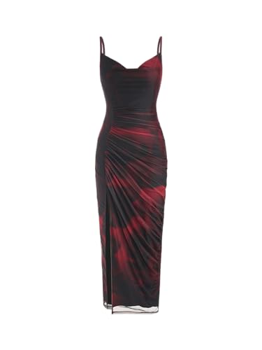 CIDER Mesh Cowl Neck Ruched Split Midi Dress