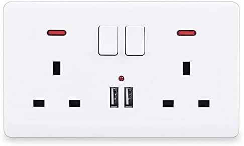 UK Plug Wall Switch Double PC Socket 13A with 2 USB Charging Ports (White)