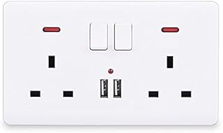 UK Plug Wall Switch Double PC Socket 13A with 2 USB Charging Ports (White)