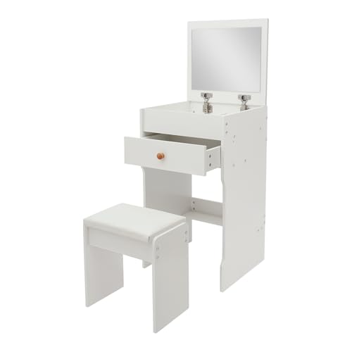 CHAPINGNI Tocador 3 en 1 pequeño, de pie, tocador con espejo abatible, juego de tocador para dormitorio, capacidad de carga de 90 kg, para apartamento, habitación pequeña
