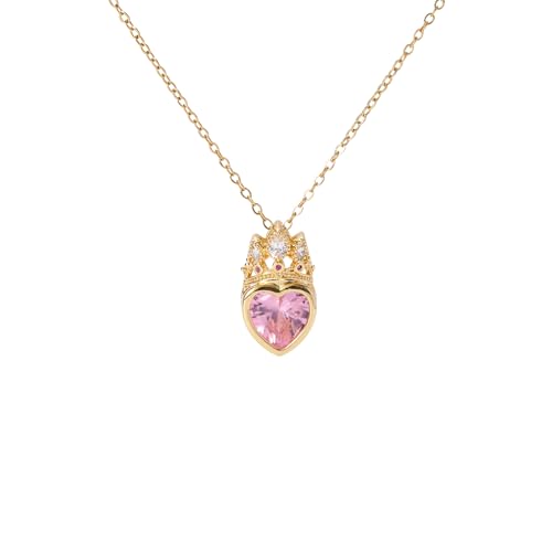 crataly Crown Heart Rose Quartz Necklace For Women-Gold Plated Pink CZ Princess Necklace For Birthday Valentines Day Mothers Day Christmas Gifts