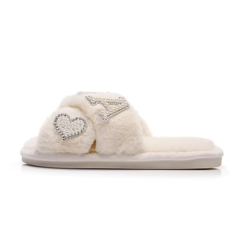 MRS Bride Slippers for Wedding White Bridal Slippers with Initial Pearl Cross Band Open Toe Shoes for Bride to Be and Bachelorette Gifts2