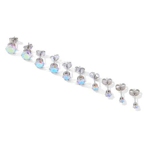 5 Pairs of Surgical Stainless Steel Aurora Borealis Crystal CZ Stud Earrings 3,4,5,6, & 7mm