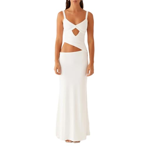 Image of Women Sexy Maxi Dress Cut Out V Neck Spaghetti Straps Bodycon Long Dress Summer Party Cocktail Wear
