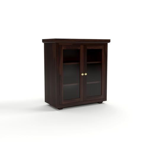 Image of Solid Sheesham Wood Sideboard Cabinet for Living Room | Wooden Storage Cabinet with 2 Acrylic Glass Doors & Shelves | Modern Display Sideboard for Home (Walnut Finish)