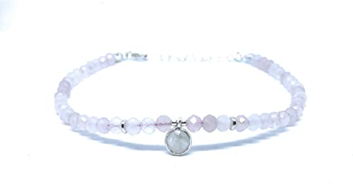 Cavigliera in pietra naturale Quarzo rosa Angelite e ciondolo in pietra di luna in argento sterling regolabile da 23 mm a 26 mm