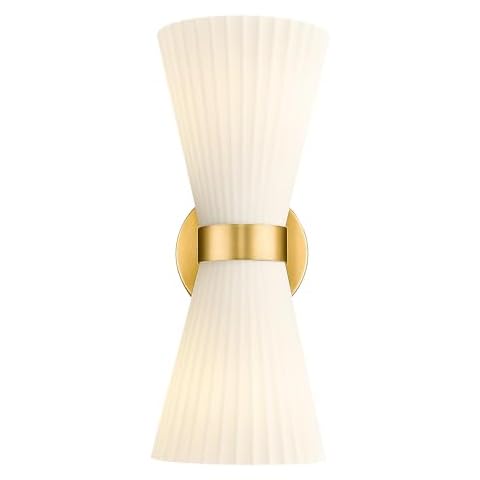 Gold Sconce Wall Lighting, HWH Single Wall Vanity Light Fixture Brushed Gold Wall Sconce Lamp, Modern Indoor Up Down Wall Light with Frosted Milk White Striped Glass Shade, 5HZG97B-2W BG Cover