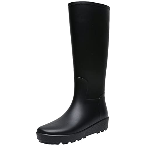 ANUFER Women's Knee High Wedge Heel Waterproof Slip-On Rain Boots SD5A088 Black UK5
