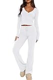 LACOZY 2 Piece V Neck Pj Set Long Sleeve Lounge Sets for Women Ribbed Pajama Set Slim Fit Workout Set Matching Set White S