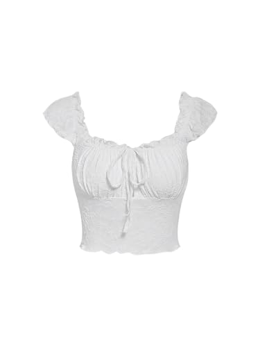 Verdusa Women's Floral Print Tie Front Ruched Sweetheart Neck Cap Sleeve Crop Blouse Top