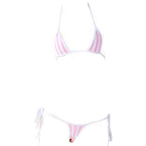 Conjunto de lencería de anime a rayas, micro bikini kawaii, traje de baño japonés y bragas de traje de baño lindo traje de baño sexy cosplay, rosa, XS-XL