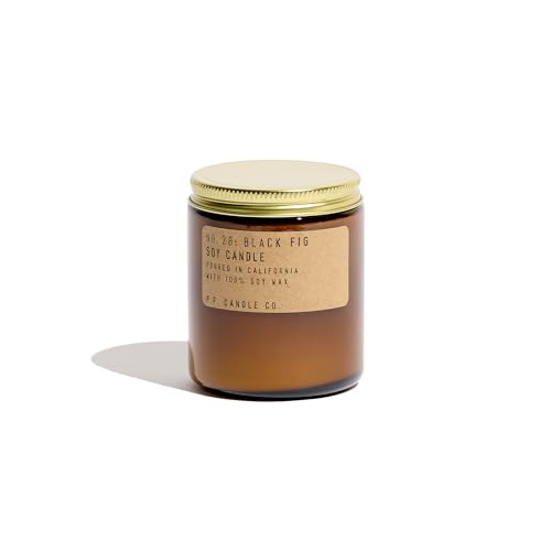 P.F. Candle Co. Black Fig Classic Standard Scented Soy Wax Candle (7.2 oz) 40-50 Hour Burn Time, Amber Glass Jar, Made in The U.S.A.