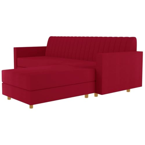 Image of Rosebell 3 + 1 Four Seater - Wooden L Shape Convertible Sofa Set for Living Room Furniture Set Upholstery-Velvet Fabric, Modular Sectional Couch for Home & Office - Red