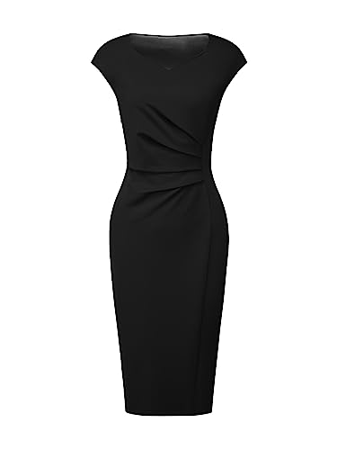 Hobemty Damen Etuikleid 50er Jahre Stil Herzförmiger Ausschnitt Plissierte Seitliche Bleistiftkleid Schwarz M