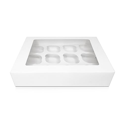 FALGUN 10 x Premium White 12 Hole Cavity Cupcake Boxes with Window and Inserts - (Rounded Inserts)