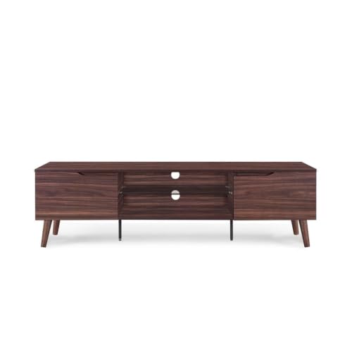 Image of Zenith TV Stand Entertainment Center & Modern Media Console Table for Living Room | Two Storage Doors | Tempered Glass Middle Shelf | Solid Wooden Legs | Comfort Brown