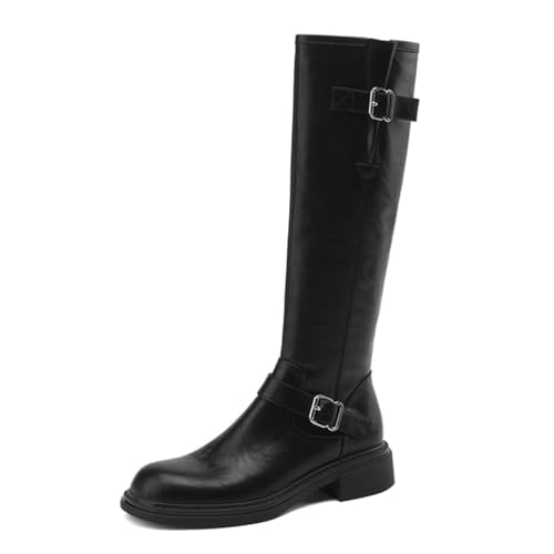 sekiueo Botas Altas hasta La Rodilla Mujer Botas De Montar con Punta Cuadrada Tacón Bajo Grueso Planas Y con Cremallera Lateral,Negro,40 EU