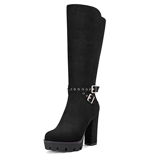 DearOnly Women Chunky Block High Platform Heel Round Toe Mid Calf Boots Zipper Party Dress 4.7 Inches Heels