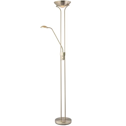 Happy Homewares LED Mother and Child Floor Lamp in Satin Nickel with Rotary Dimmer Switches | 20w and 4w | 3000k Warm White | Adjustable Reading Light | 180cm x 25cm