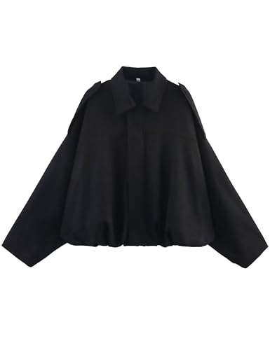 Women's Suede Bomber Jackets Casual Overasized Batwing Sleeve Pleated Elastic Hem Coats Streetwear(Black-S)