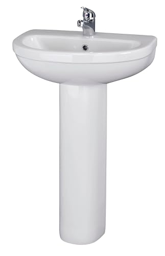 Balterley 555mm Bathroom Sink, Full Pedestal Ceramic Round Bowl Bathroom Wash Basin Sink with Overflow, 1 Tap Hole, Floor Standing Basin Sinks for Cloakroom - 555 x 445 x 845mm (White)