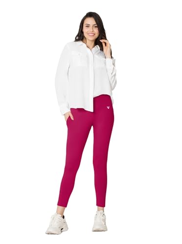 Image of VSTAR PL02 Women Ankle Length Stretchable Slim Fit Leggings with Secured Side Pocket | Moisture-Wicking | Soft Waistband & Cotton-Elastane Fabric | S | Strawberry