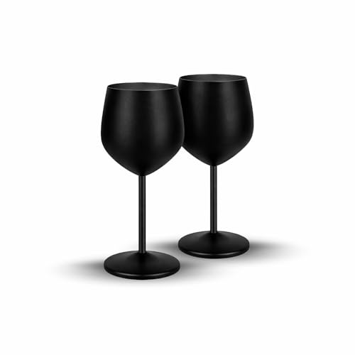 Olyra Home - Copas de Vino de Acero Inoxidable, Negro Mate, Irrompibles, Set de 2 (530ml) | Vasos para Exterior, Terraza y Camping | Regalo Elegante