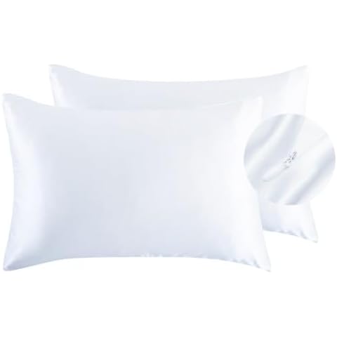 JUWENIN,Luxury Satin Pillowcase with Zipper (Silky Satin Pillow Case for Hair) Set of 2 (King, White) Cover
