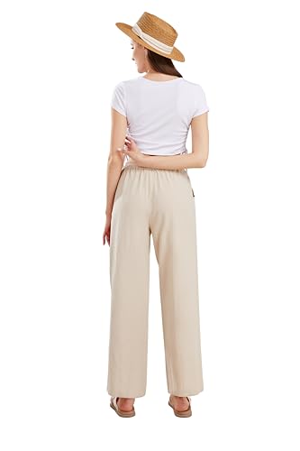 CHARTOU Women's Summer Drawstring Waist Wide Leg Loose Cotton Linen Palazzo Pants (X-Large, Khaki)